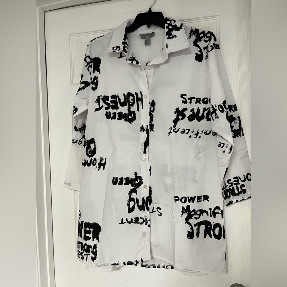 Women's White Button-Down Shirt with Black Text Print
